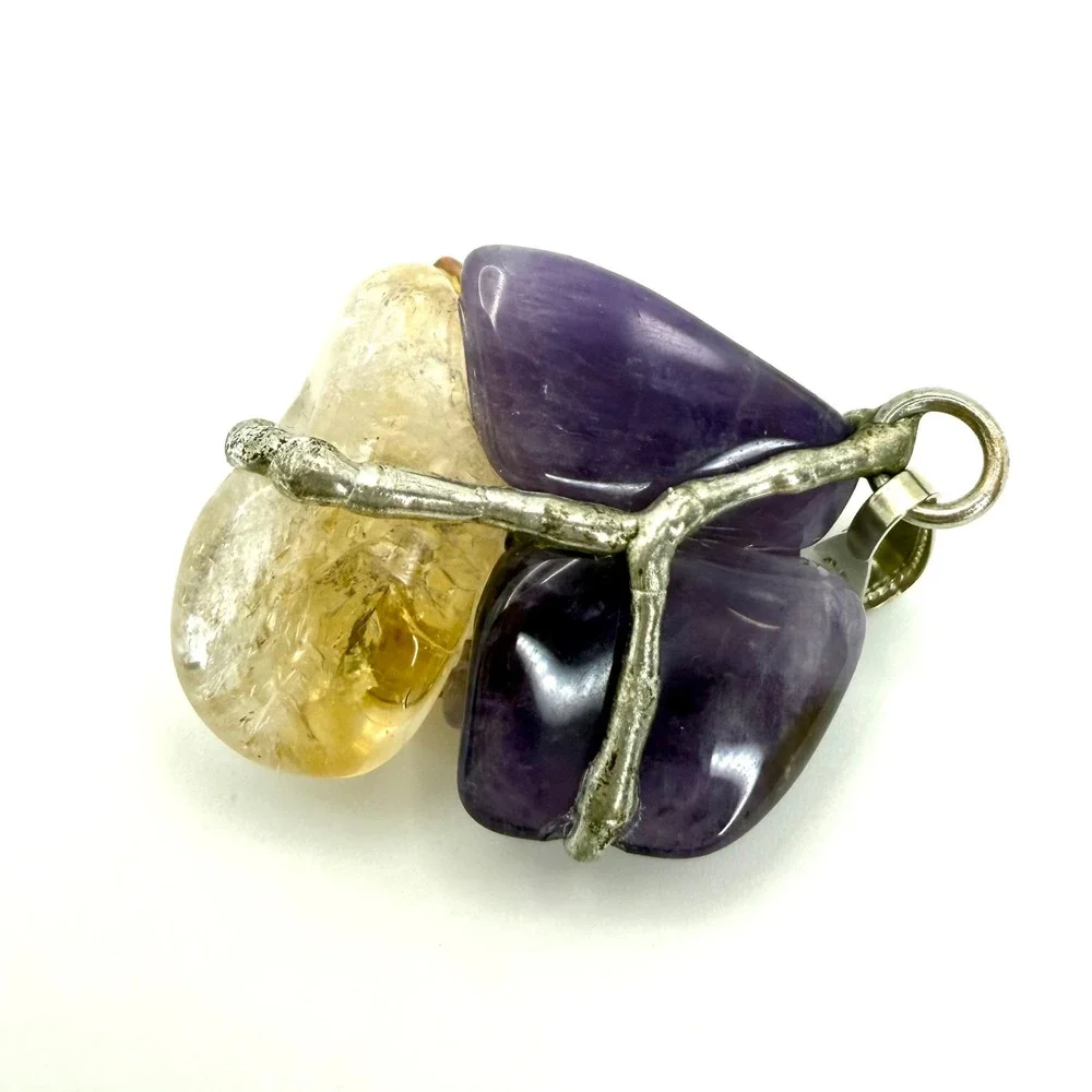 Amethyst Citrine Quartz Crystal Pendant Silver Tone Brutalist‎ Boho Artisan